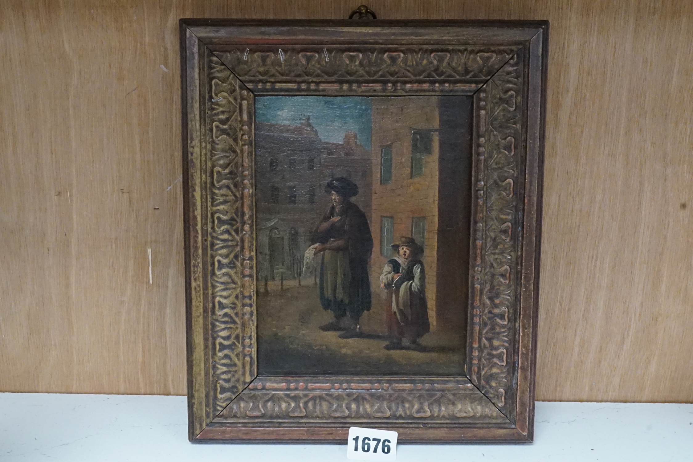 18th century English School, oil on canvas, ‘’Street vendors, one selling lace’’, 18 x 13cms.